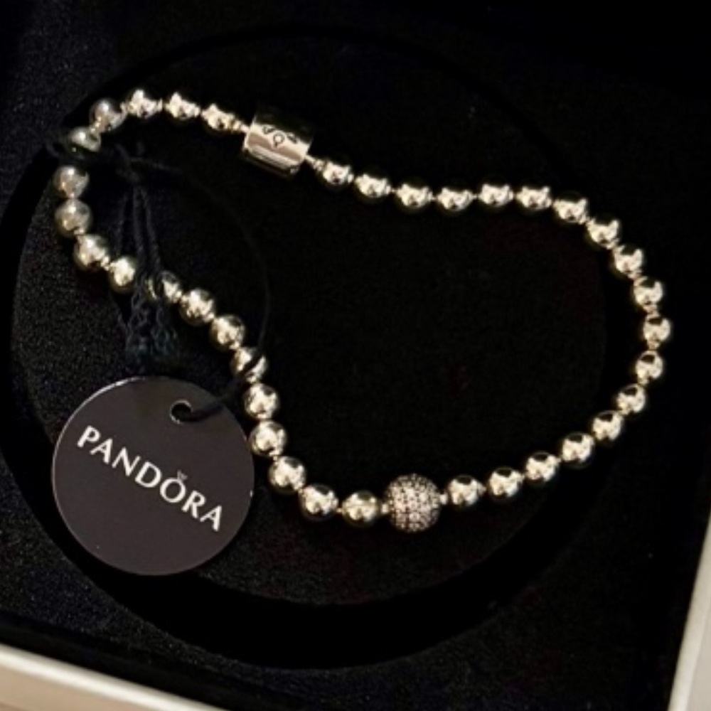 PANDORA SS925 Beaded Bracelet, Pave Accent, Size 6.7”/17cm, NWT! ID 598342CZ-17.